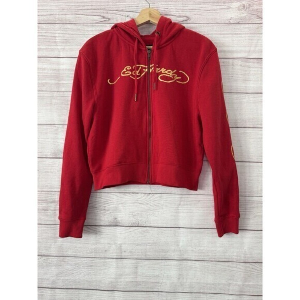 ED HARDY Dragon Zip Up Logo Hoodie Sweatshirt in Red Size MEDIUM